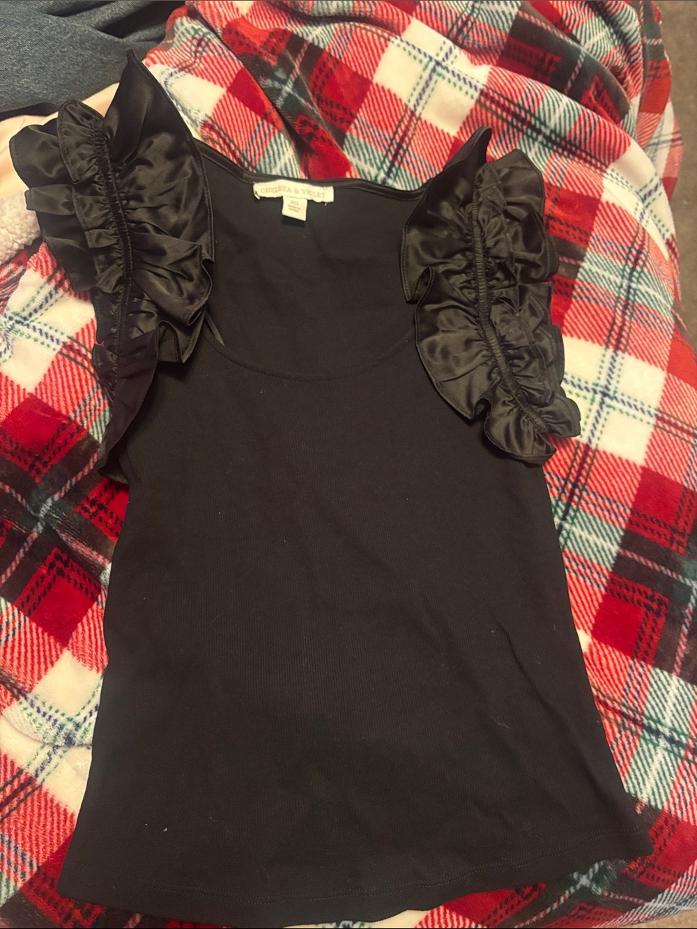Chelsea & Violet Black Ruffle Sleeve Tank